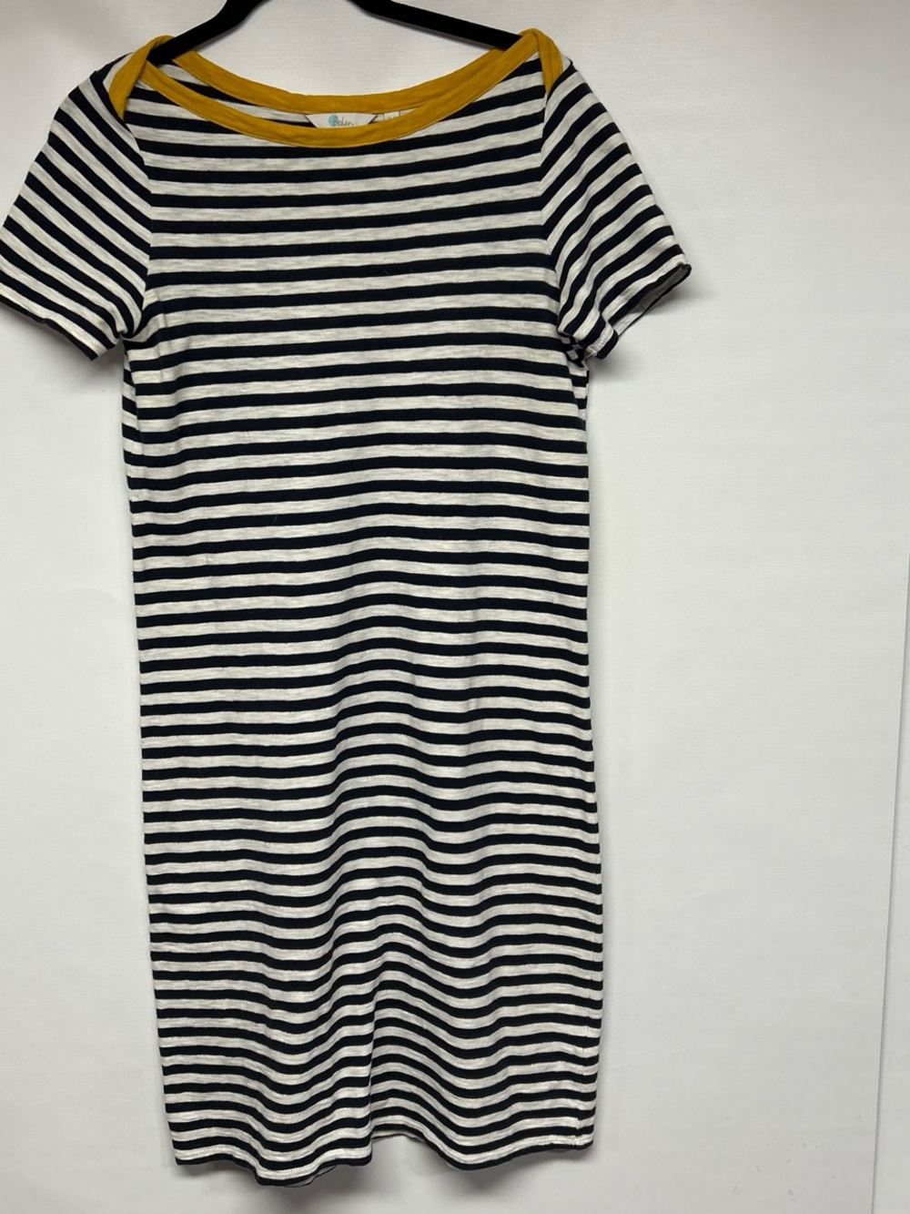 Boden Black and White Striped Midi Dress with Mustard Trim